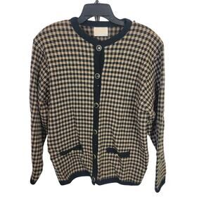 Pendleton Brown Gingham Pure Virgin Wool Knit Cardigan Sweater Size Large